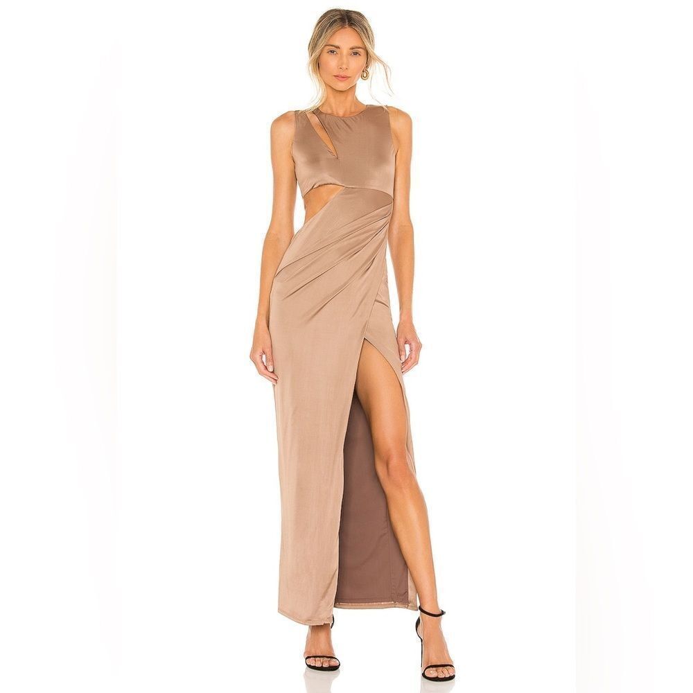 NBD REVOLVE Keara Gown in Chestnut Cut Out Maxi Column Thigh Slit NWT M